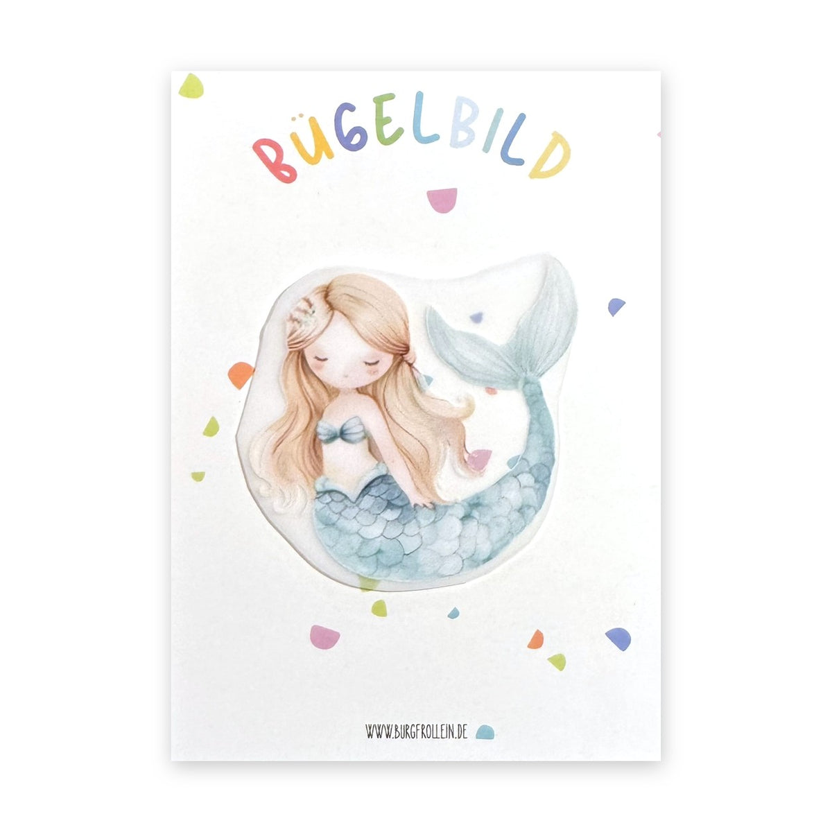 Bügelbild "Meerjungfrau" mit blonden Haaren zum Aufbügeln (A6) – Meerjungfrau-Aufbügelmotiv für Kinderkleidung von Burgfrollein