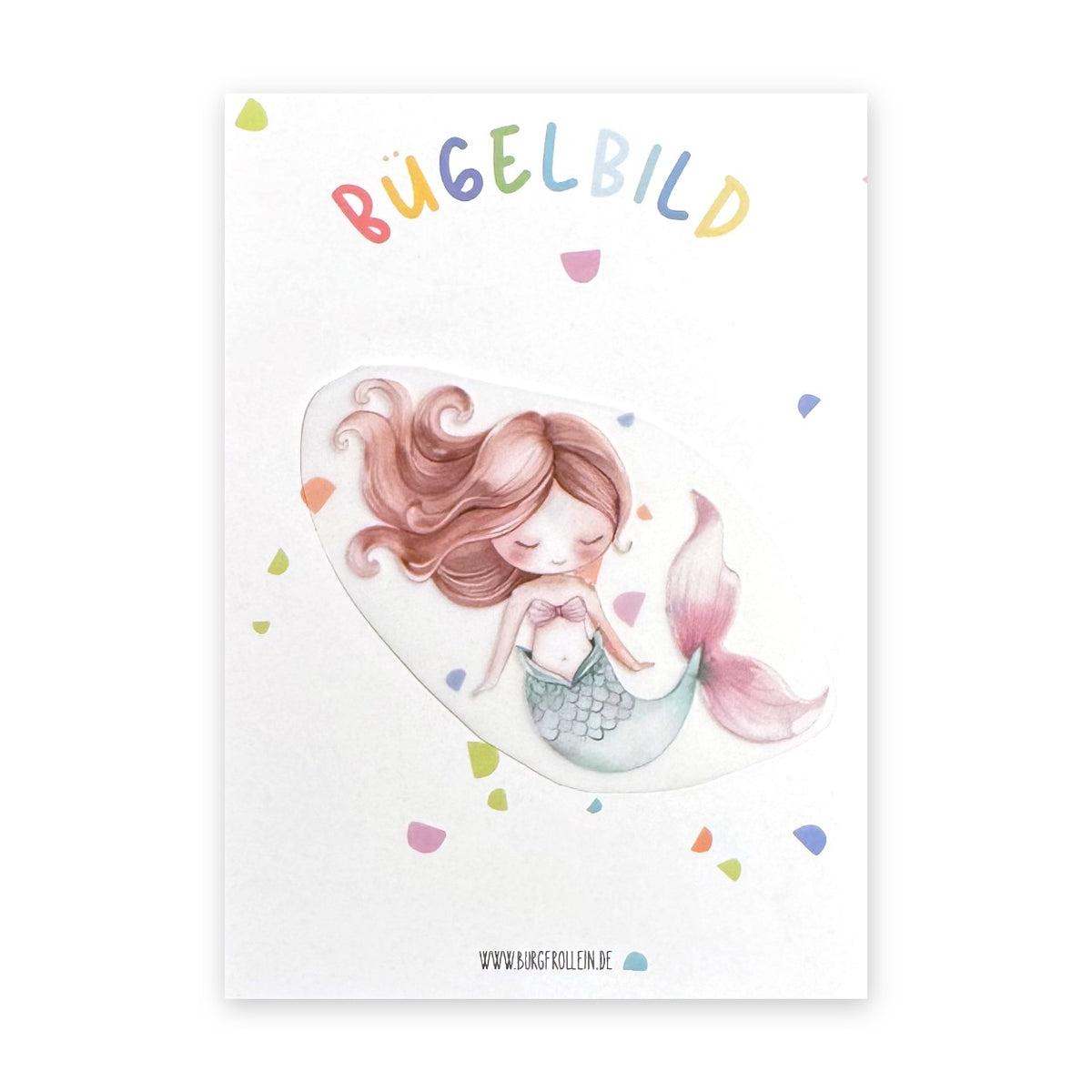Bügelbild "Meerjungfrau" mit braunen Haaren zum Aufbügeln (A6) – Meerjungfrau-Aufbügelmotiv für Kinderkleidung von Burgfrollein