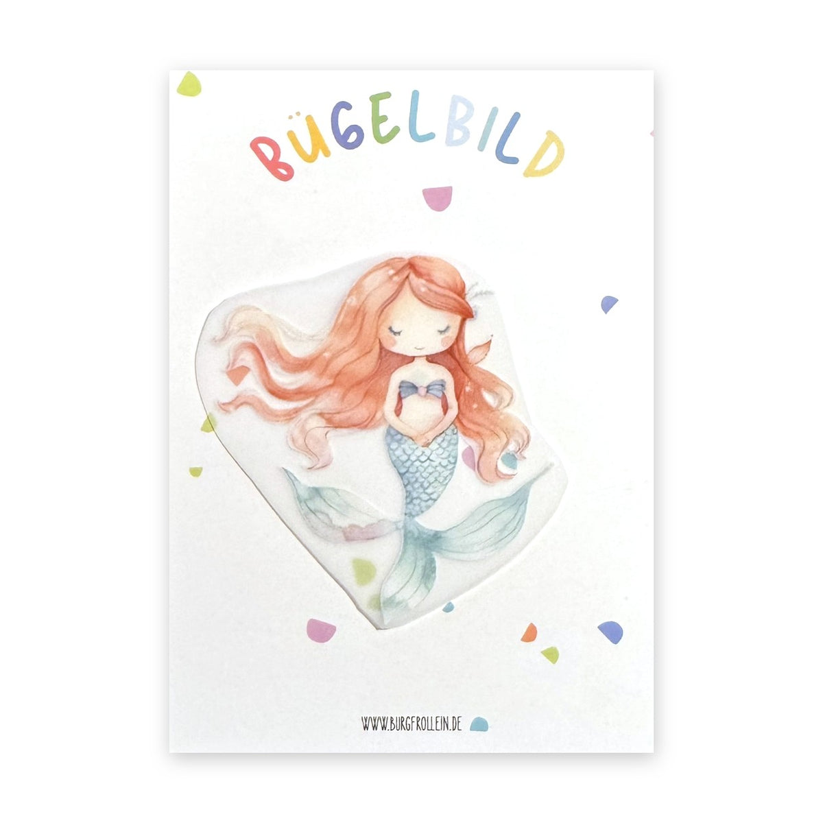 Bügelbild "Meerjungfrau" mit roten Haaren zum Aufbügeln (A6) – Meerjungfrau-Aufbügelmotiv für Kinderkleidung von Burgfrollein