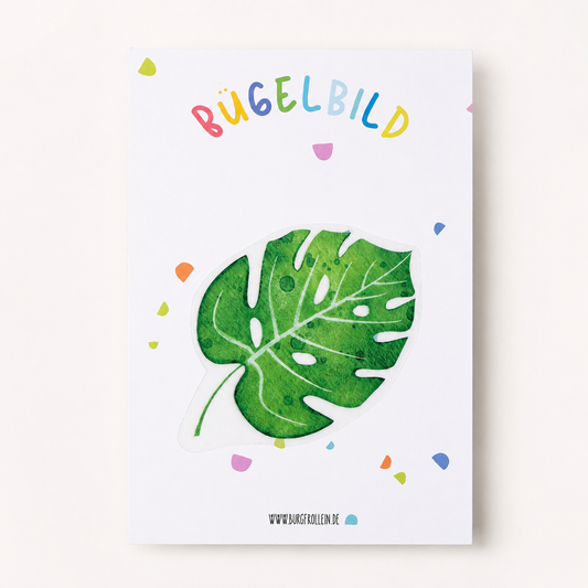 Bügelbild "Monstera Blatt" zum Aufbügeln (A6) – Blätter-Aufbügelmotiv für Kinderkleidung von Burgfrollein