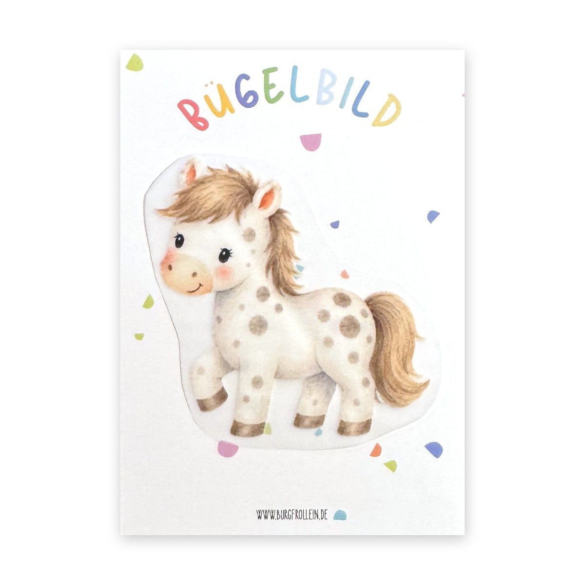 Bügelbild "Pferd mit schwarzen Punkten" zum Aufbügeln (A6) – Pferde-Aufbügelmotiv für Kinderkleidung von Burgfrollein