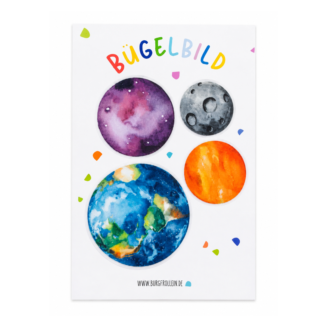 Bügelbild "Planeten" 4er Set zum Aufbügeln (A6) – Weltall-Aufbügelmotive für Kinderkleidung von Burgfrollein