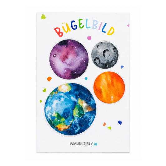 Bügelbild "Planeten" 4er Set zum Aufbügeln (A6) – Weltall-Aufbügelmotive für Kinderkleidung von Burgfrollein