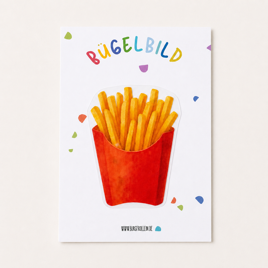 Bügelbild „Pommes/Fritten" (A6) im Aquarellstil zum Aufbügeln auf Shirts, Beutel oder Taschen – witziges Geschenk für kleine Fritten-Fans zum Kindergeburtstag