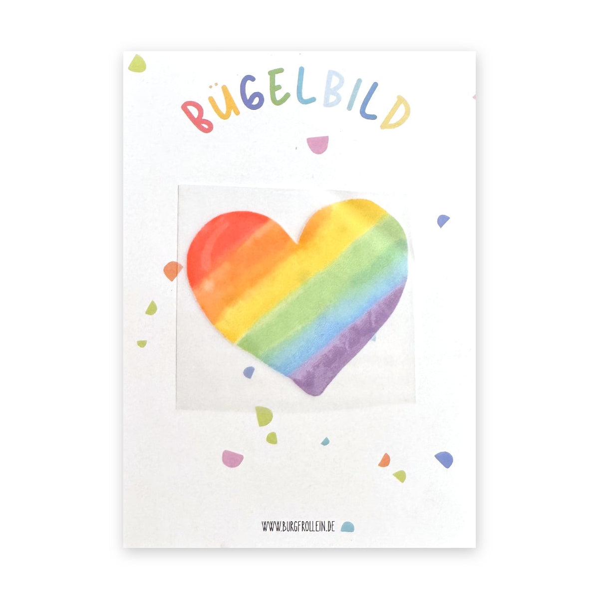 Bügelbild "Regenbogenherz" zum Aufbügeln (A6) – Herz-Aufbügelmotiv in Regenbogenfarben für Kinderkleidung von Burgfrollein