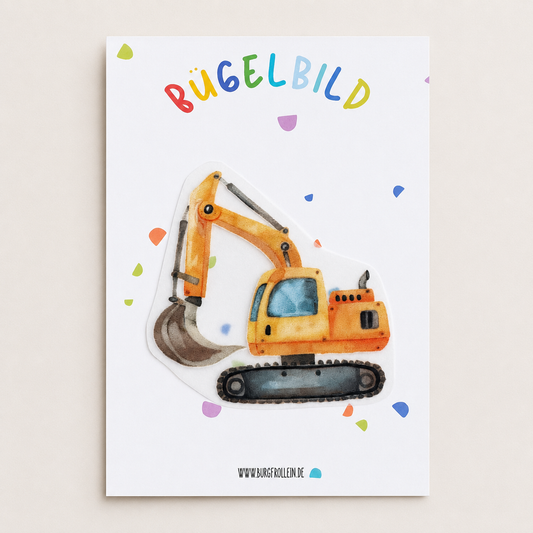 Bügelbild „Schaufelbagger" (A6) im Aquarellstil zum Aufbügeln auf Shirts, Pullover oder Kita-Beutel – tolles Geschenk für kleine Baustellen-Fans