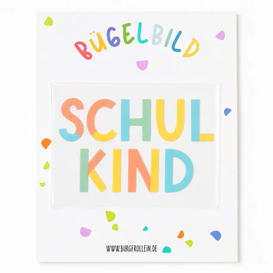 Bügelbild Schulkind – bunter Schriftzug zur Einschulung, zum Aufbügeln auf Shirts, Taschen und Schulranzen