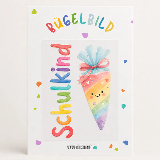 Bügelbild Schulkind mit Schultüte – bunte Regenbogen-Schultüte zur Einschulung, zum Aufbügeln auf Shirts und Taschen