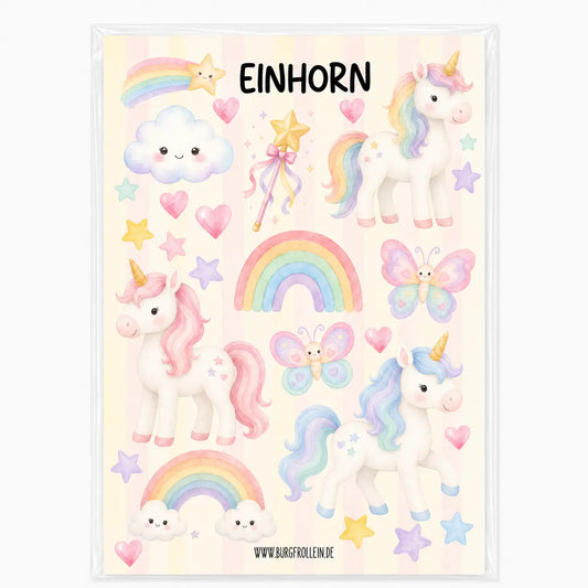Bügelbild Set Einhorn für Kinder – Einhörner, Regenbogen, Schmetterling und Sterne, zum Aufbügeln auf Shirts und Taschen