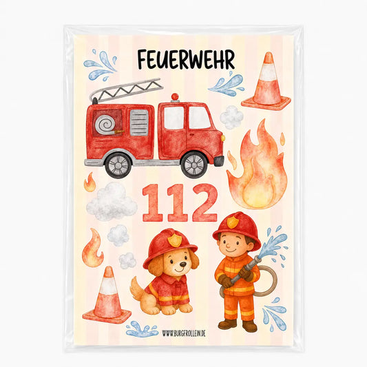 Bügelbild Set Feuerwehr für Kinder – Feuerwehrauto, Feuerwehrmann, Hund und Notruf 112, zum Aufbügeln auf Shirts und Taschen
