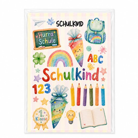 Bügelbild Set Schulkind zur Einschulung – Schultüte, Schulranzen, Stifte, ABC und 1. Klasse, zum Aufbügeln auf Shirts und Taschen