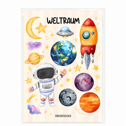 Bügelbild Set Weltraum für Kinder – Astronaut, Rakete, Planeten und UFO, zum Aufbügeln auf Shirts und Taschen