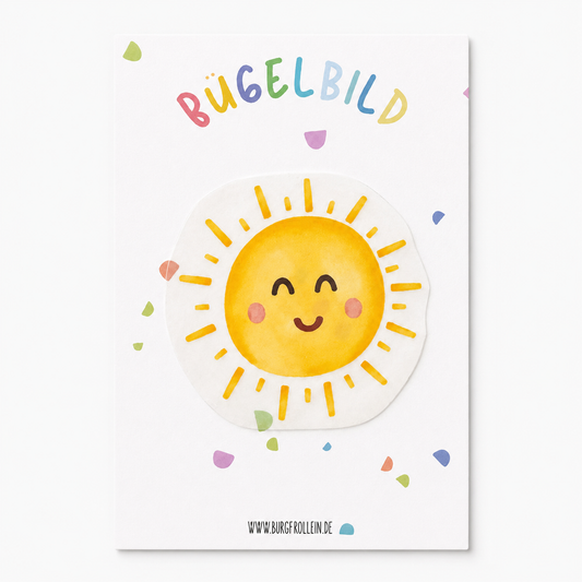 Bügelbild „Sonne mit Gesicht" (A6) im Aquarellstil zum Aufbügeln auf Shirts, Pullover oder Kita-Beutel – fröhliches Sommer-Geschenk für Kinder