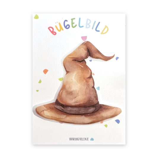Bügelbild "Sprechender Hut" zum Aufbügeln (A6) – Zauber-Aufbügelmotiv für Kinderkleidung, Geschenkidee für kleine Zauber-Fans von Burgfrollein