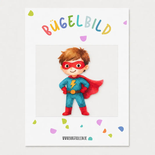 Bügelbild Superheld für Kinder – zum Aufbügeln auf Geburtstags-Shirts, T-Shirts und Taschen.