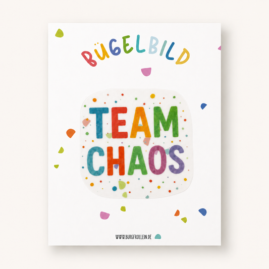 Bügelbild „Team Chaos" (A6) im Aquarellstil zum Aufbügeln auf Shirts, Pullover oder Kita-Beutel – witziges Geschenk für kleine Wirbelwinde und Chaoten