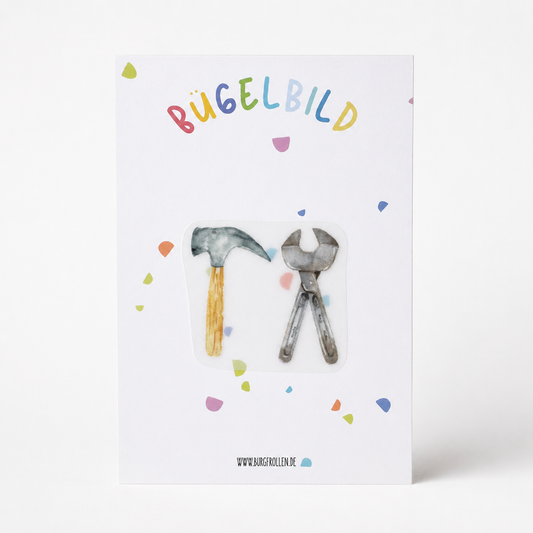 Bügelbild „Werkzeug" (A6) mit Hammer und Zange zum Aufbügeln auf Shirts, Hosen oder Taschen – lustiges Geschenk für kleine Handwerker:innen und Bastelfans