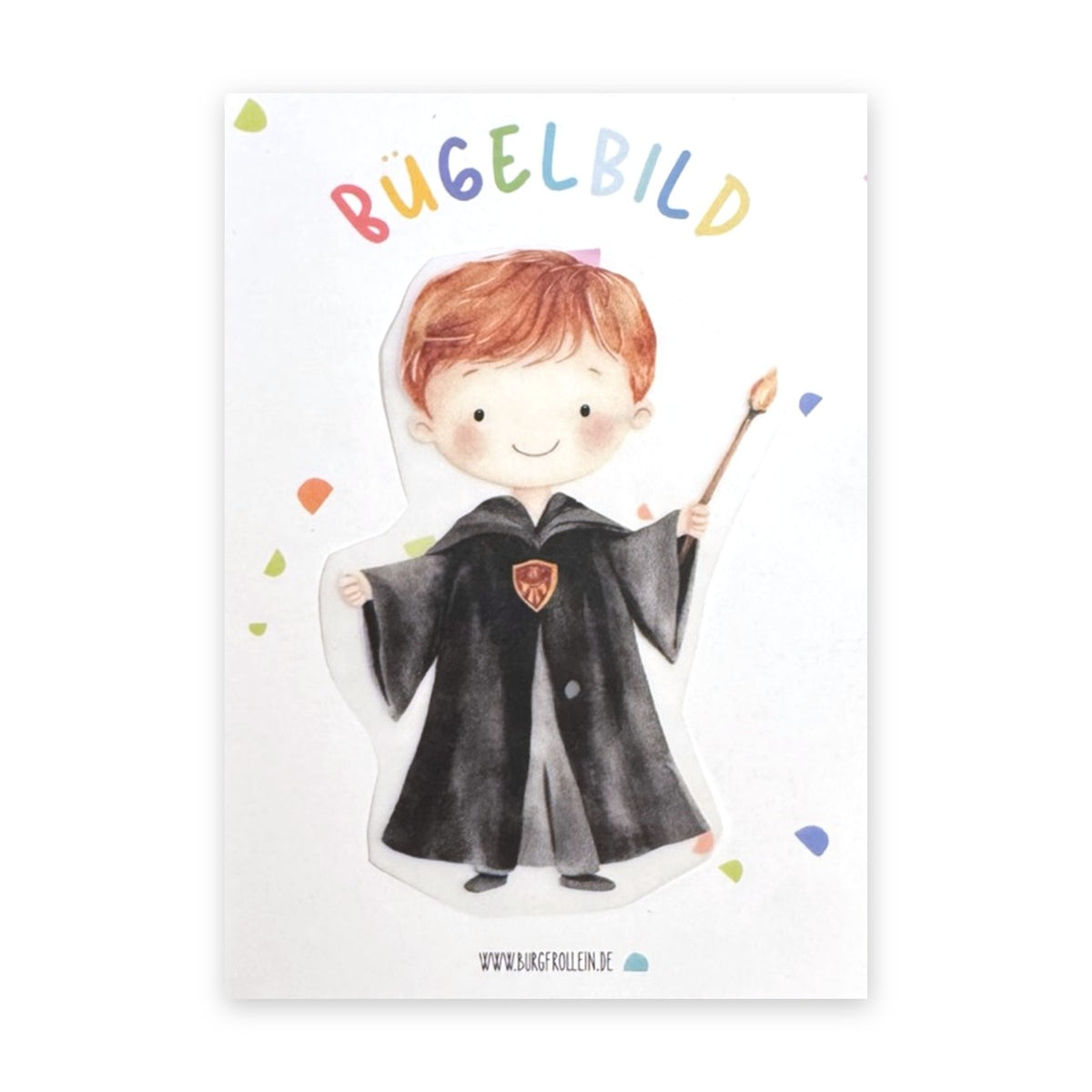 Bügelbild "Zauberer mit roten Haaren" zum Aufbügeln (A6) – Zauber-Aufbügelmotiv für Kinderkleidung, Geschenkidee für kleine Zauber-Fans von Burgfrollein