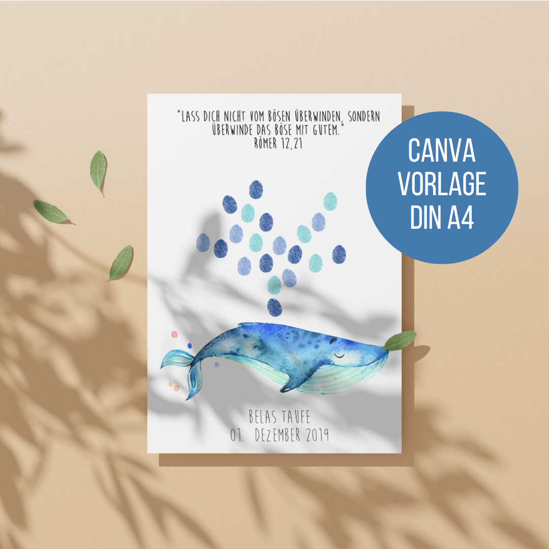 Canva-Vorlage DIN A4 für personalisiertes Gästebuch zur Taufe mit Wal-Motiv, Fingerabdruck-Fontäne, Bibelvers und Taufdatum bei Burgfrollein
