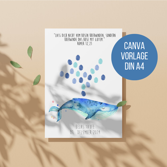 Canva-Vorlage DIN A4 für personalisiertes Gästebuch zur Taufe mit Wal-Motiv, Fingerabdruck-Fontäne, Bibelvers und Taufdatum bei Burgfrollein