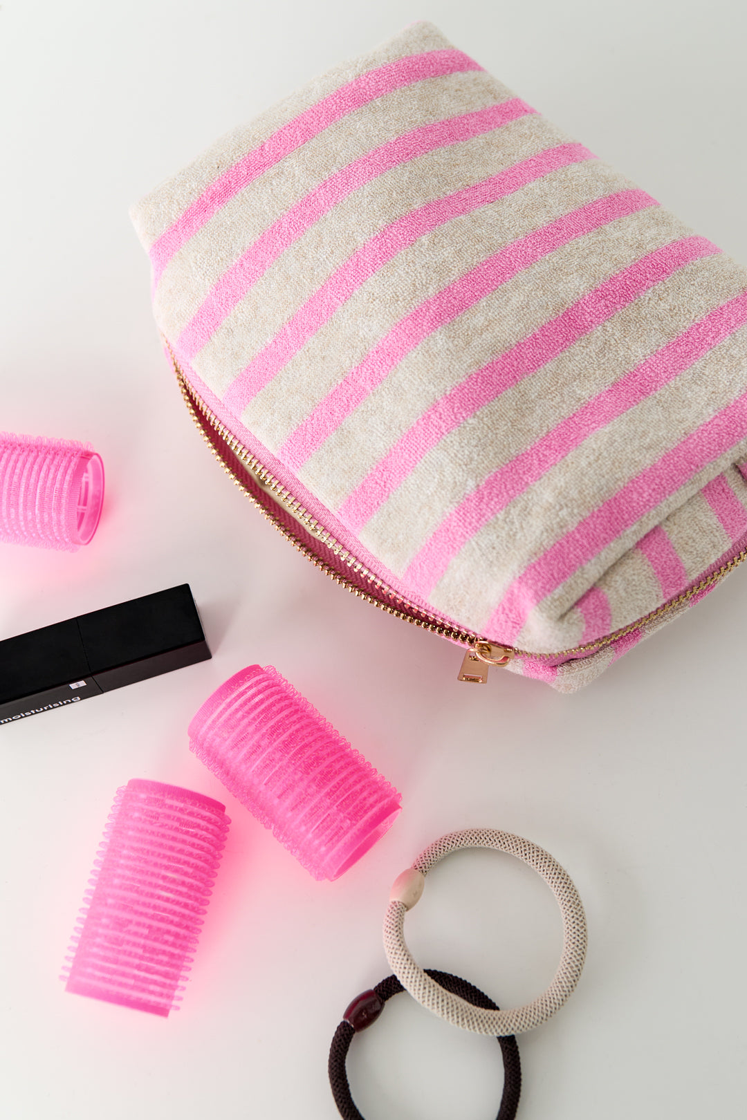 Kosmetiktasche aus Frottee mit Streifen in Rosa-Weiß, 20x17cm
