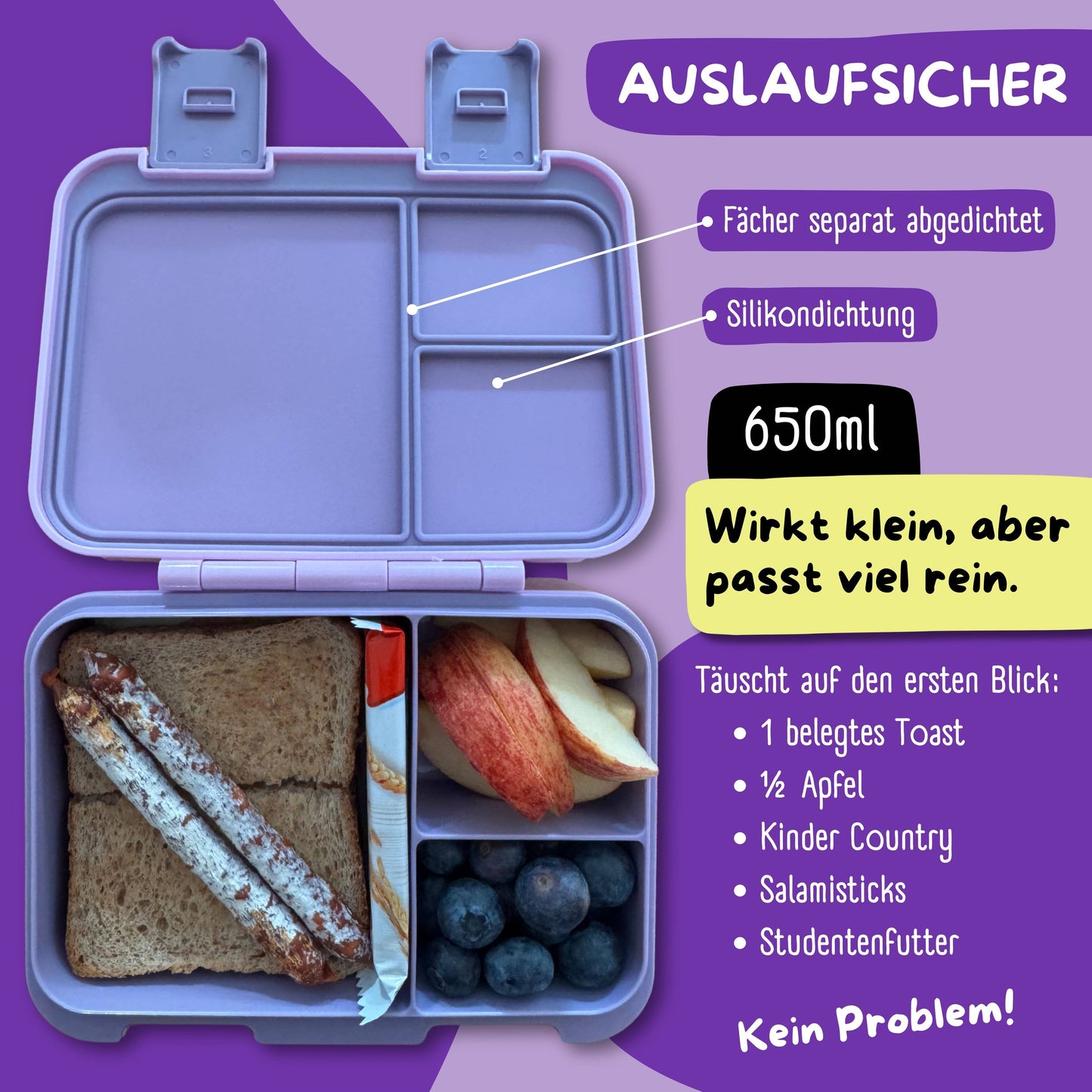 Lila Brotdose mit Fächern, leicht & auslaufsicher, 650ml