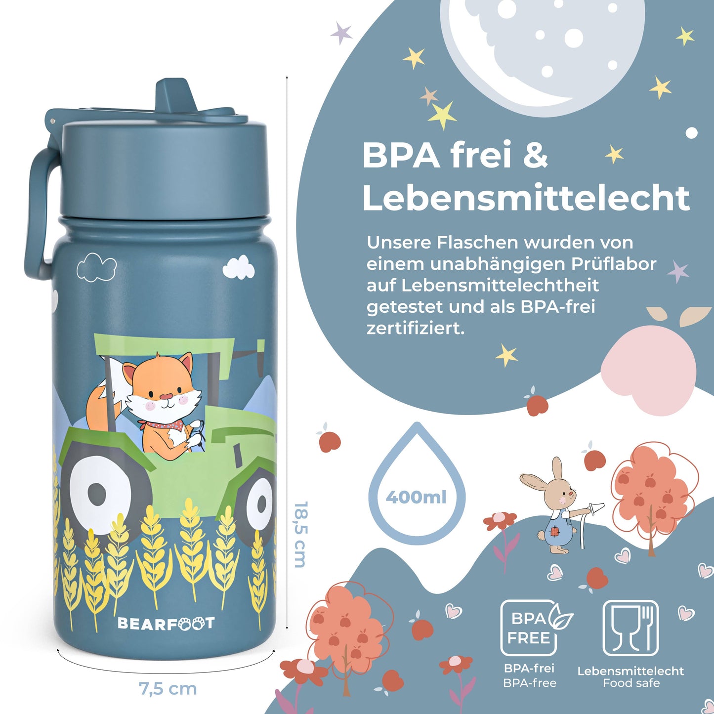 Thermo Trinkflasche mit Traktor Motiv für Kinder