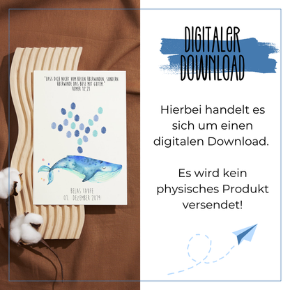 Digitaler Download – Canva-Vorlage für personalisiertes Gästebuch zur Taufe mit Wal-Motiv und Fingerabdruck-Fontäne bei Burgfrollein