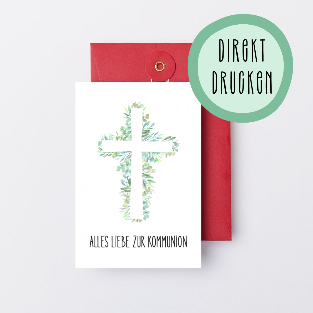 Digitaler Download – Karte zur Kommunion im A6-Format mit Kreuz aus Eukalyptus und Schriftzug „Alles Liebe zur Kommunion" auf rotem Umschlag, zum selber Ausdrucken bei Burgfrollein