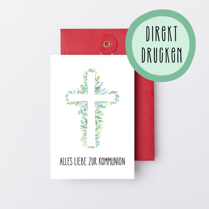 Digitaler Download – Karte zur Kommunion im A6-Format mit Kreuz aus Eukalyptus und Schriftzug „Alles Liebe zur Kommunion" auf rotem Umschlag, zum selber Ausdrucken bei Burgfrollein
