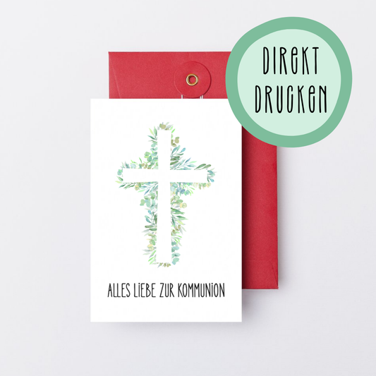 Digitaler Download – Karte zur Kommunion im A6-Format mit Kreuz aus Eukalyptus und Schriftzug „Alles Liebe zur Kommunion" auf rotem Umschlag, zum selber Ausdrucken bei Burgfrollein
