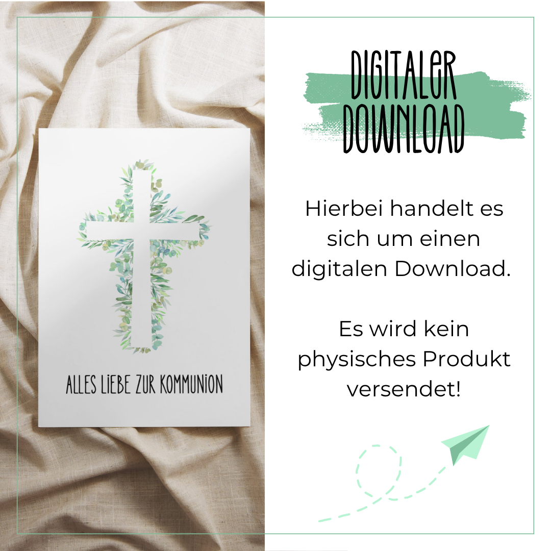 Digitaler Download – Karte zur Kommunion im A6-Format mit Kreuz aus Eukalyptus und Schriftzug „Alles Liebe zur Kommunion" zum selber Ausdrucken bei Burgfrollein