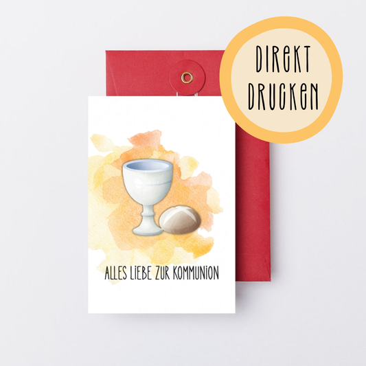 Digitaler Download – Karte zur Kommunion im A6-Format mit Kelch, Brot und Schriftzug „Alles Liebe zur Kommunion" auf rotem Umschlag, zum selber Ausdrucken bei Burgfrollein