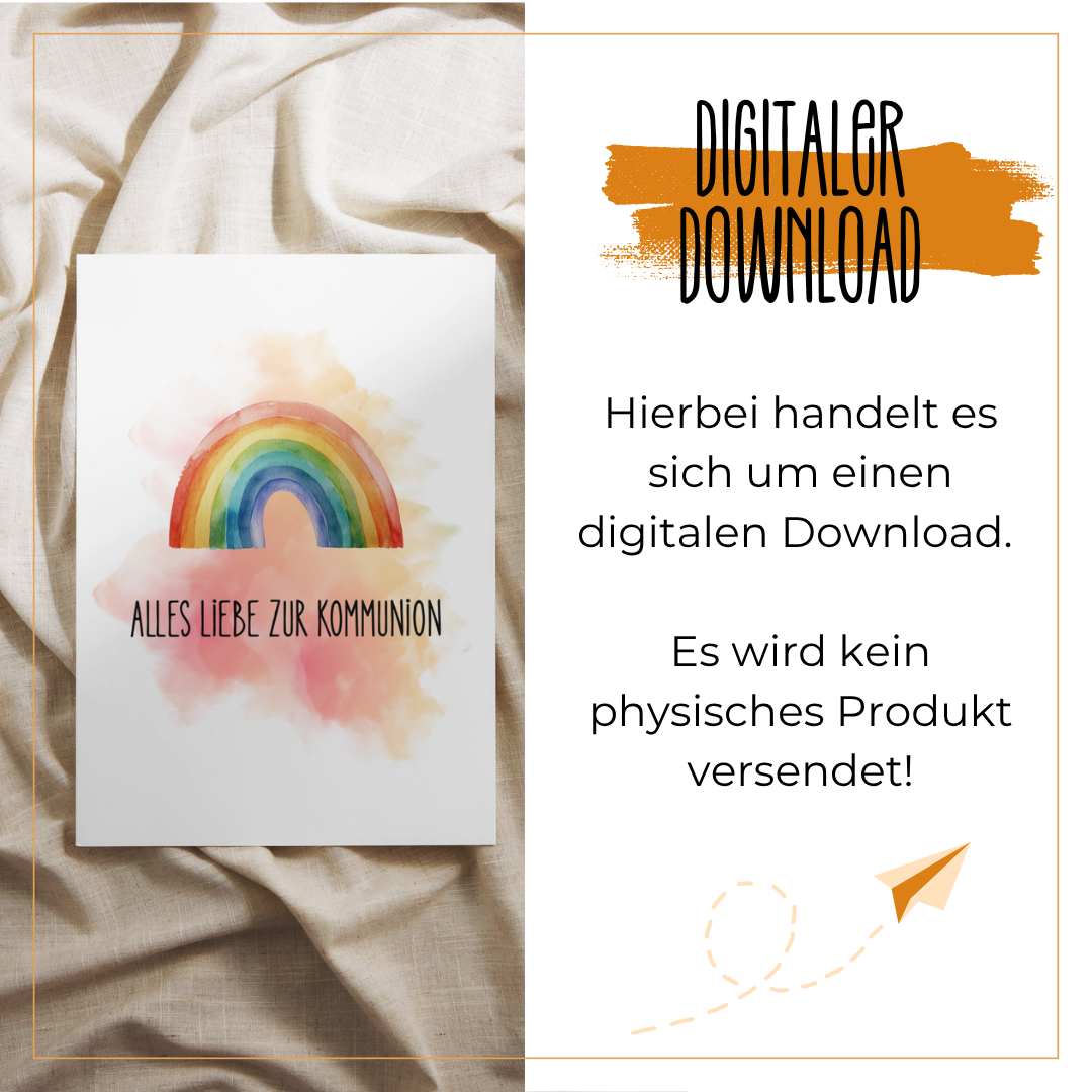 Digitaler Download – Kommunionskarte „Alles Liebe zur Kommunion" mit Regenbogen-Aquarellmotiv, direkt zum Ausdrucken bei Burgfrollein