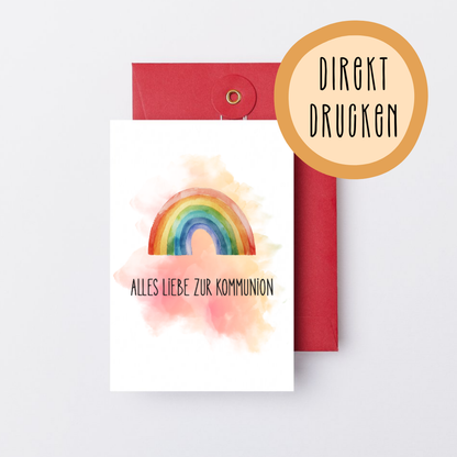 Digitaler Download – Kommunionskarte „Alles Liebe zur Kommunion" mit Regenbogen-Aquarellmotiv und rotem Umschlag, direkt zum Drucken bei Burgfrollein
