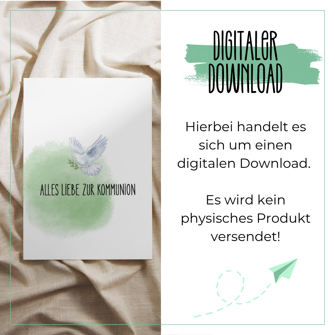 Digitaler Download – Kommunionskarte „Alles Liebe zur Kommunion" mit Taube auf grünem Aquarellhintergrund, direkt zum Ausdrucken bei Burgfrollein