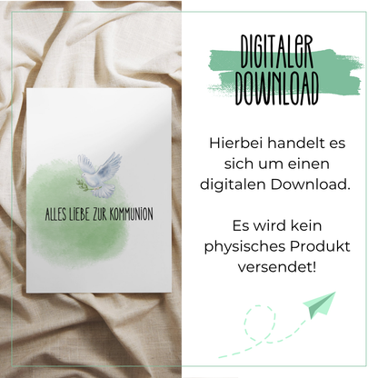 Digitaler Download – Kommunionskarte „Alles Liebe zur Kommunion" mit Taube auf grünem Aquarellhintergrund, direkt zum Ausdrucken bei Burgfrollein