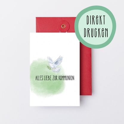 Digitaler Download – Kommunionskarte „Alles Liebe zur Kommunion" mit Taube und rotem Umschlag, direkt zum Drucken bei Burgfrollein