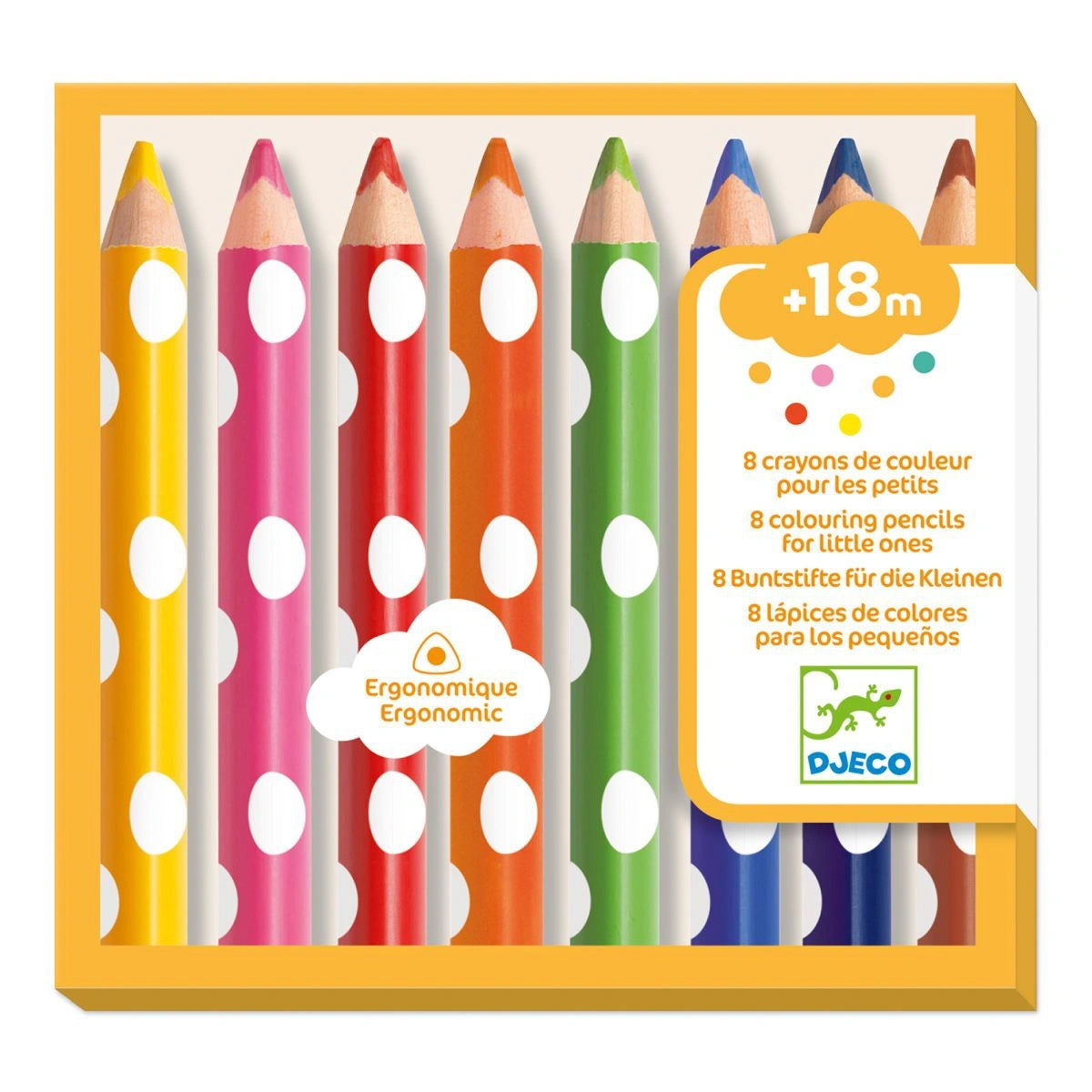 Verpackung der acht ergonomischen Djeco Buntstifte in bunten Farben für Kinder ab 18 Monaten bei Burgfrollein