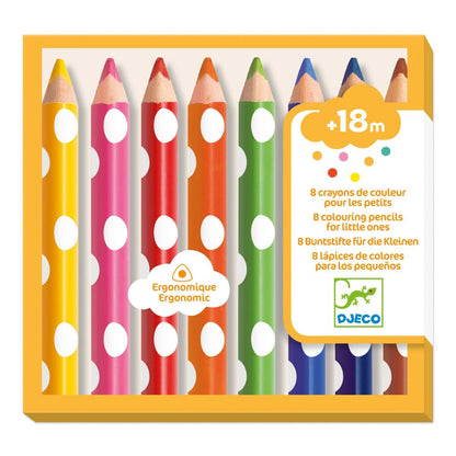 Verpackung der acht ergonomischen Djeco Buntstifte in bunten Farben für Kinder ab 18 Monaten bei Burgfrollein