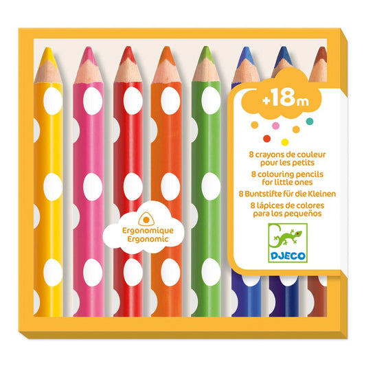 Verpackung der acht ergonomischen Djeco Buntstifte in bunten Farben für Kinder ab 18 Monaten bei Burgfrollein