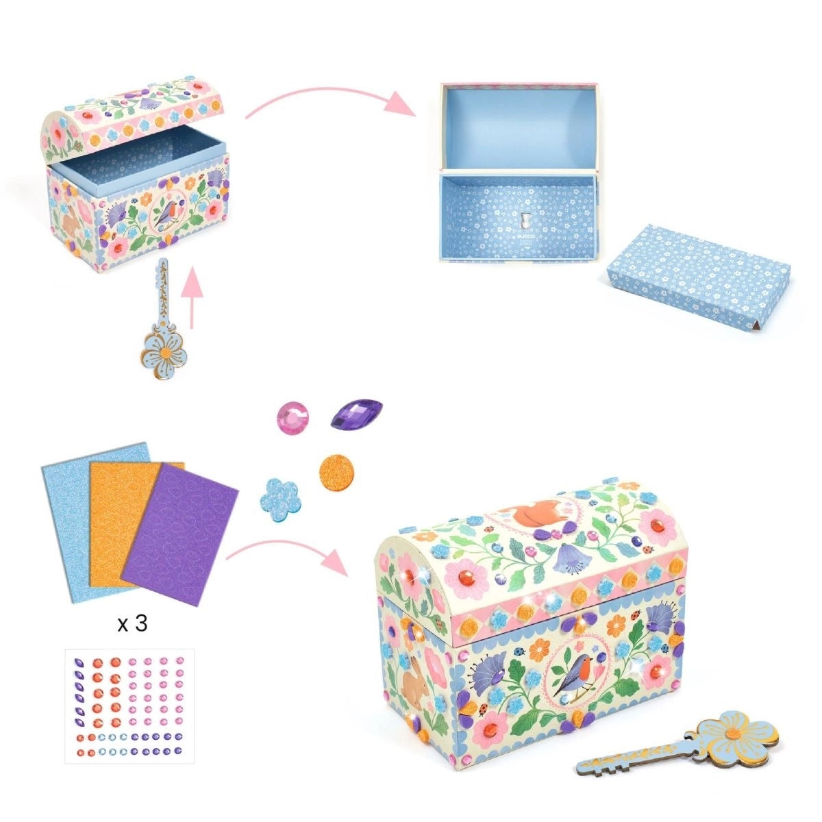Infografik des Djeco DIY Bastelset Schatztruhe mit Vorher-Nachher-Vergleich, geheimem Doppelboden, Schlüssel sowie Mosaikpapier und Edelsteinaufklebern für Kinder ab 5 Jahren bei Burgfrollein