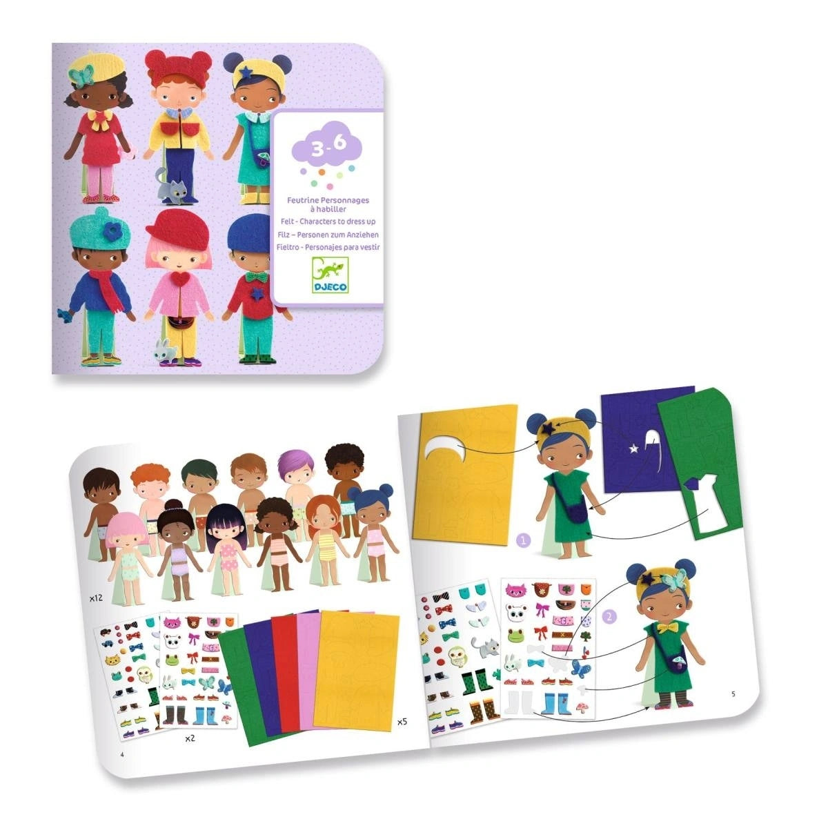Djeco Filz-Bastelset „Personen zum Anziehen“ – kreatives Anzieh- und Bekleidungsspiel mit Filzfiguren, Stickern und bunten Filzstoffen, für Kinder von 3 bis 6 Jahren