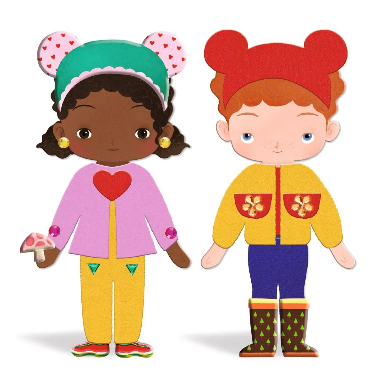 Djeco Filz-Bastelset „Personen zum Anziehen“ – Beispiel zweier fertig gestalteter Filzfiguren in bunten Outfits, Mädchen mit rosa Pulli und Junge mit gelber Jacke