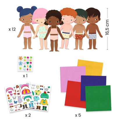 Djeco Filz-Bastelset „Personen zum Anziehen“ – Übersicht des Set-Inhalts: 12 Filzfiguren (16,5 cm), 1 Stickerbogen mit Schmuck, 2 Stickerbögen mit Kleidung und 5 farbige Filzbögen