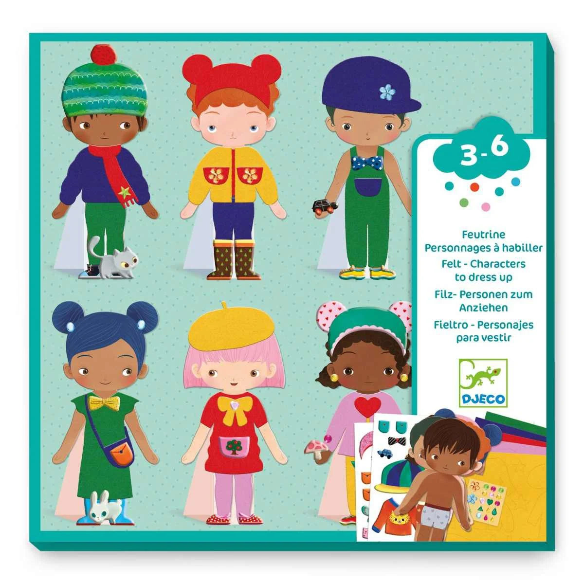 Verpackung der Djeco Filzpuppen zum Anziehen mit sechs Charakteren in verschiedenen Outfits als kreative Spielidee für Kinder von 3 bis 6 Jahren bei Burgfrollein