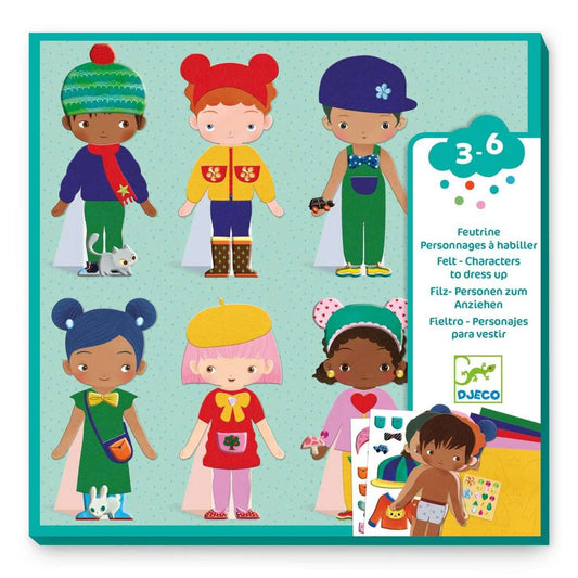 Verpackung der Djeco Filzpuppen zum Anziehen mit sechs Charakteren in verschiedenen Outfits als kreative Spielidee für Kinder von 3 bis 6 Jahren bei Burgfrollein