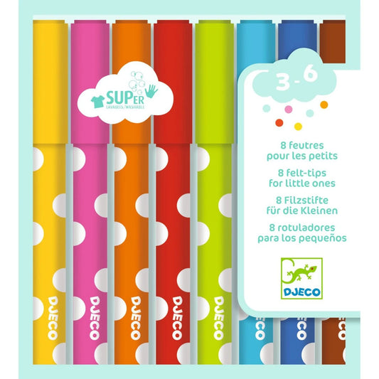 Verpackung der acht Djeco Filzstifte in bunten Farben für Kinder von 3 bis 6 Jahren, super auswaschbar bei Burgfrollein