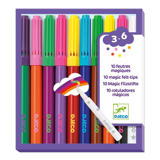 Verpackung der zehn magischen Djeco Filzstifte in bunten Farben mit Magic-Stift für Kinder von 3 bis 6 Jahren bei Burgfrollein