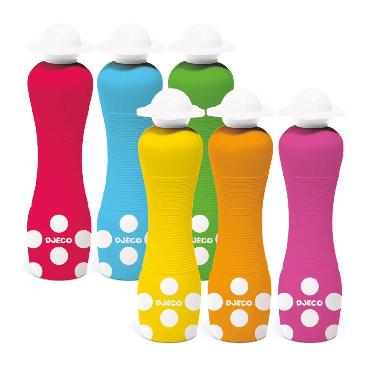 Set aus sechs Djeco Malstiften mit Punktspitze in Rot, Blau, Grün, Gelb, Orange und Pink für Kinder freigestellt bei Burgfrollein